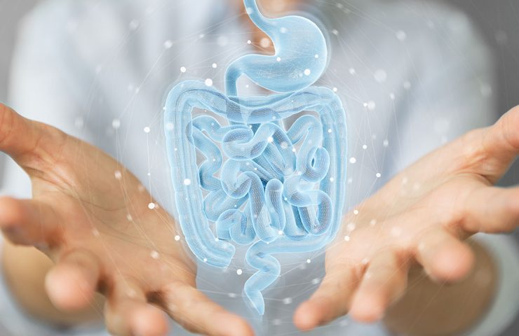 Woman,On,Blurred,Background,Using,Digital,X-ray,Of,Human,Intestine
